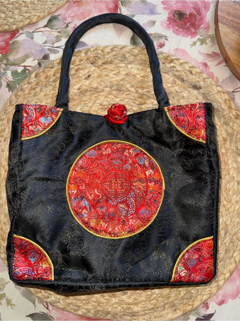 Black & Red Embroidered Satin Tote Bag - Elegant Asian-Inspired Design